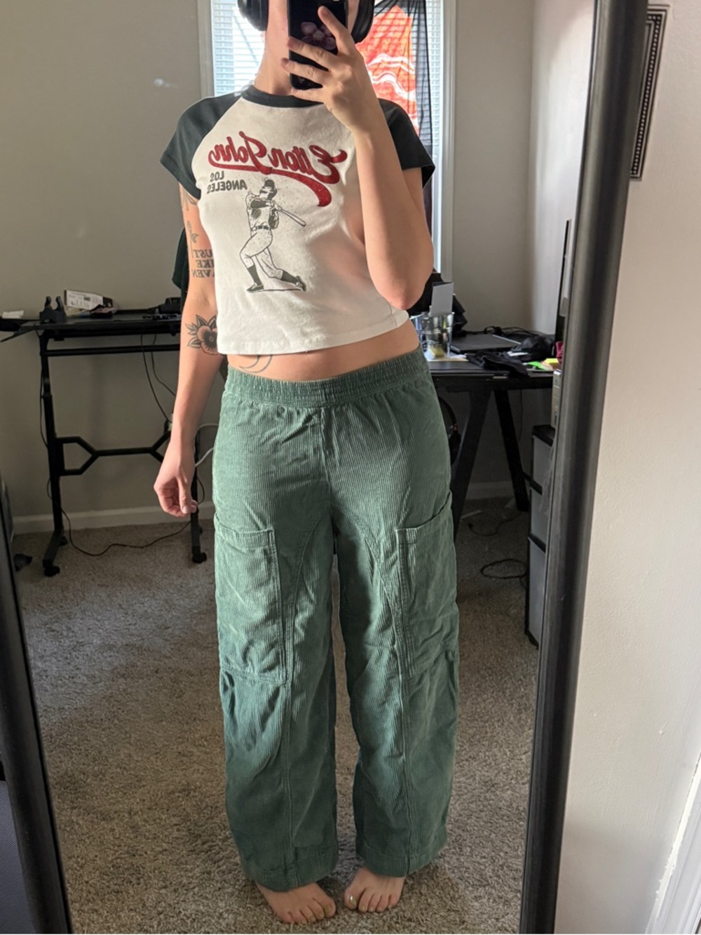 Urban Outfitters Mae Corduroy Green Cargo Barrel pant